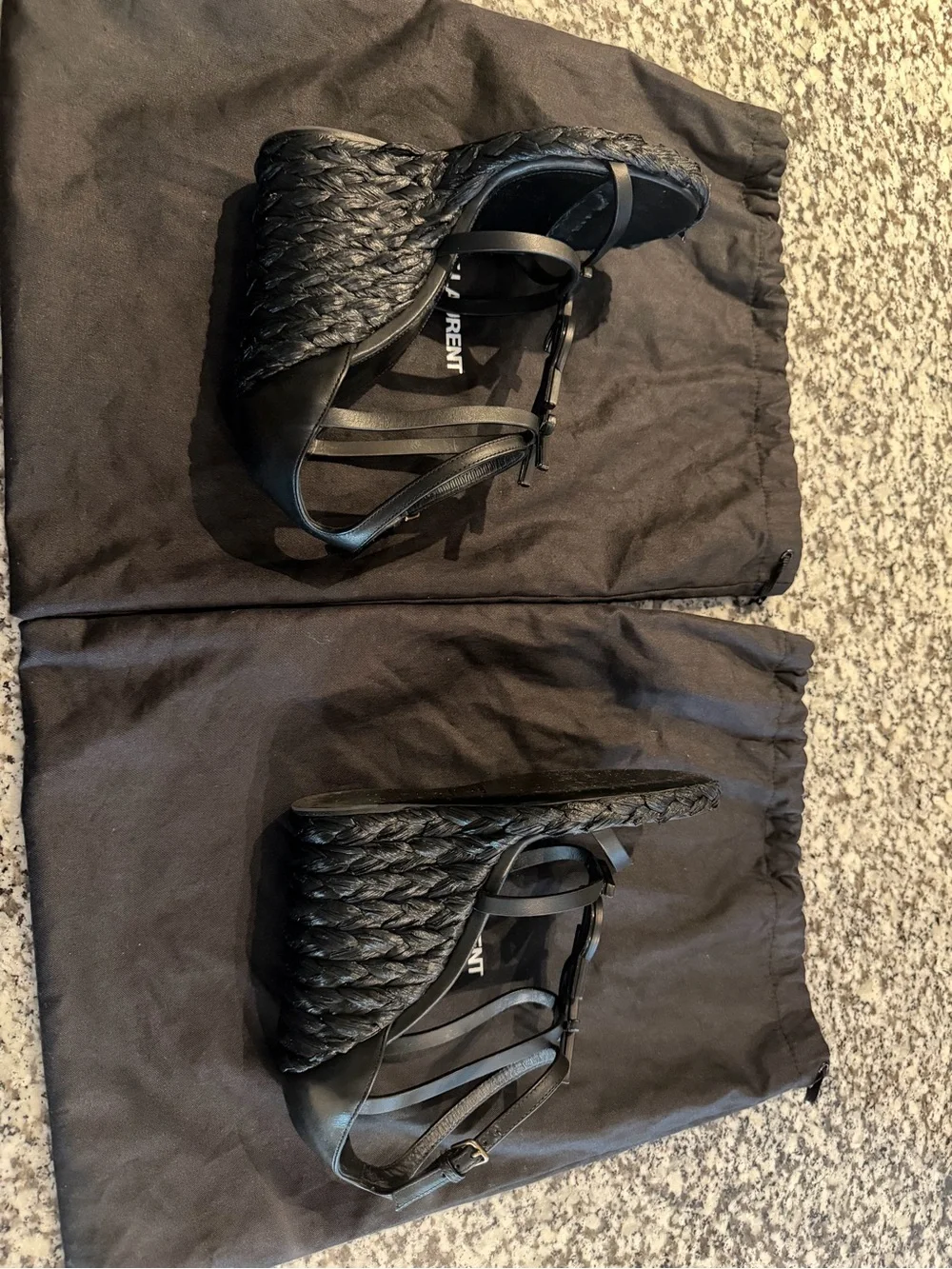Saint Laurent Black Leather YSL Logo Espadrille Wedges